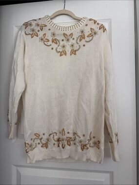 Cream Embellished Crewneck Sweater with Gold Accents